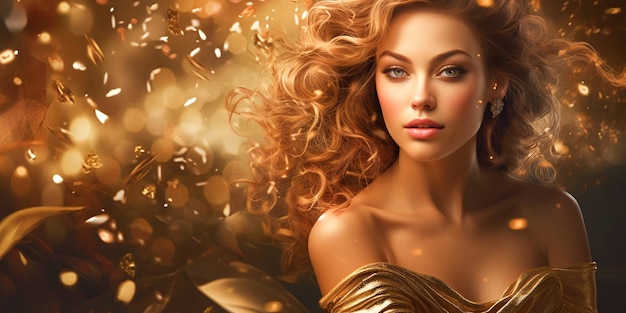Banner Femme glamour avec une robe dorée et des boucles à l'arrière-plan étincelant pour des publicités de beauté de luxe