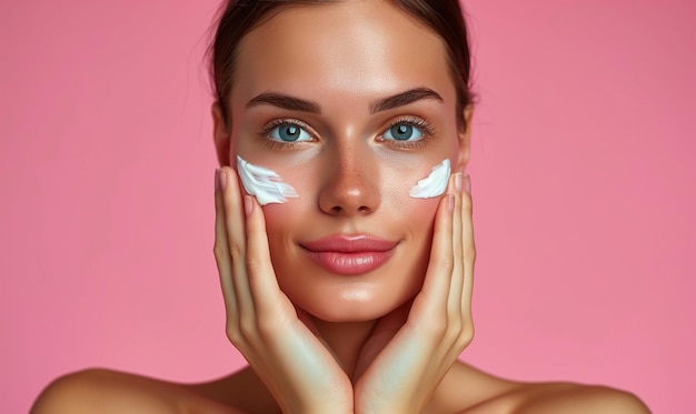 Photo banner avec une jeune femme belle et souriante qui s'occupe de la peau de son visage une femme qui se met de la crème sur le visage