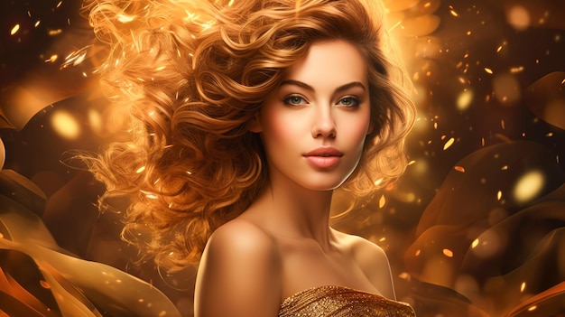 Banner Un portrait époustouflant d'une dame aux cheveux d'or et aux étincelles.