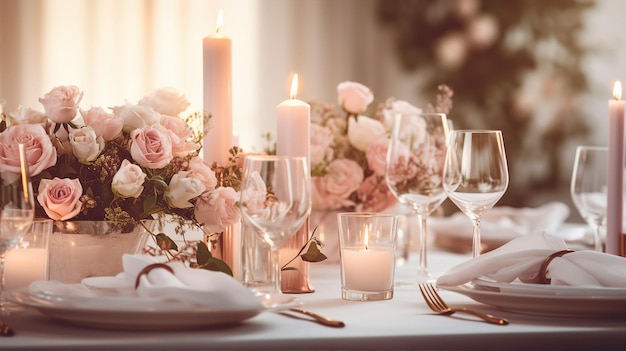 Banner présente une table à manger somptueuse avec des assiettes en porcelaine, des verres en cristal, des bougies et une pièce centrale florale