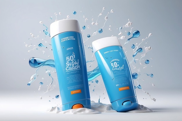 Banner publicitaire d'écran solaire frais d'été 3D Tube en plastique bleu volant avec des molécules blanches devant des murs blancs