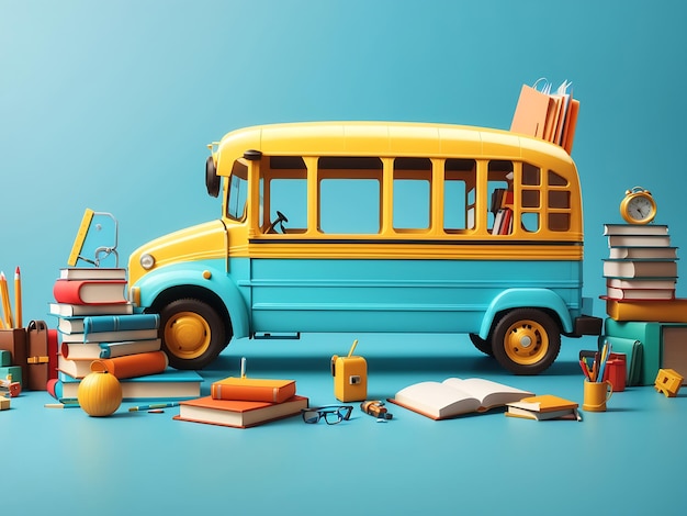 Banner de retour à l'école Bus scolaire drôle avec des livres et des accessoires sur fond bleu turquoise AI