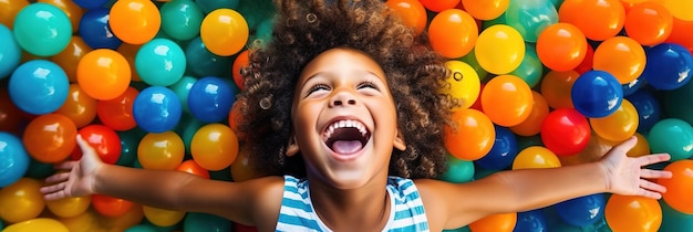 Banner rire enfant garçon s'amusant dans la fosse de balle lors d'une fête d'anniversaire dans le parc d'attractions pour enfants et le centre de jeux intérieurs rire en jouant avec des balles colorées dans la piscine de balle de terrain de jeu