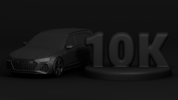 Bannière 3D avec 10 000 abonnés Merci de vous être abonné Scène avec rendu 3d de voiture noire