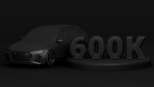 Bannière 3D avec 600 000 abonnés Merci de vous être abonné Scène avec rendu 3d de voiture noire