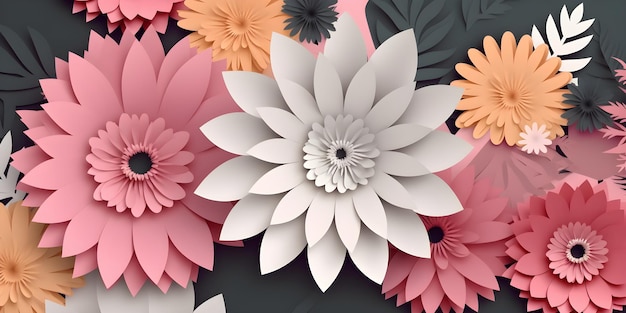 Bannière 3D avec fleurs illustration arrangement botanique bouquet floral festif papier découpé art couleurs vives mères heureuses saint valentin womens jour vacances concept Ai généré