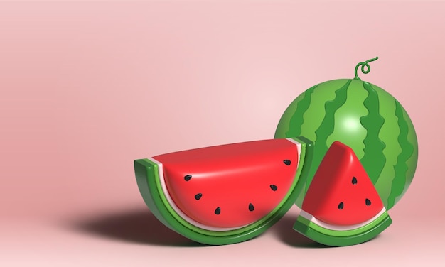 Bannière 3D de pastèque et de tranches juteuses Illustration 3D de jus de pastèque Fruits frais et juteux