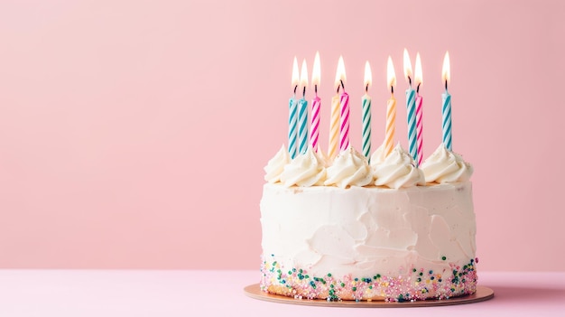 Bannière d'anniversaire joyeux avec un gâteau avec des bougies sur une photo de fond rose avec un mignon gâteau