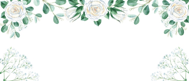 Bannière aquarelle de mariage rustique branches d'eucalyptus et de gypsophile de roses crémeuses blanches isolées sur