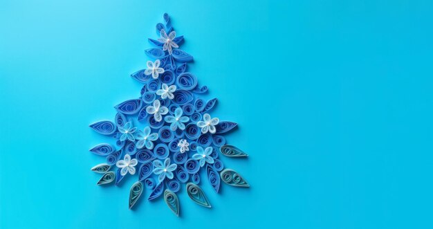 Bannière avec arbre de Noël quilling gros plan sur fond bleu vue de dessus Joyeux Noël et bonne année concept de vacances généré par AI