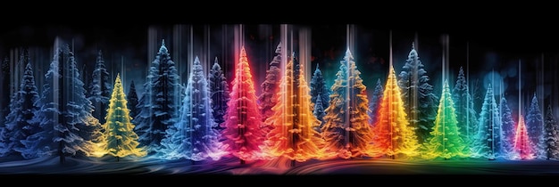 Bannière d'arbres de Noël multicolores brillants isolés sur fond sombre et lumières rougeoyantes