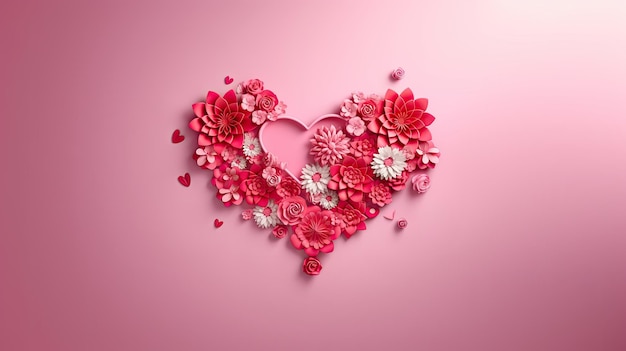 Photo bannière d'arrière-plan du jour de la saint-valentin avec une forme de cœur floral et des fleurs coupées en papier d'espace de copie