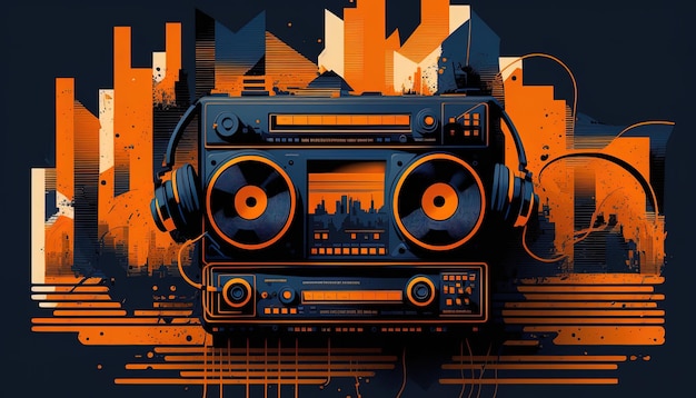 Bannière d'arrière-plan IA générative Musique et son avec certaines technologies orange et bleu foncé