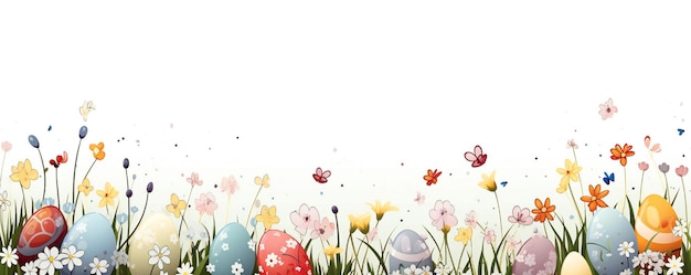 Bannière artistique de ligne de Pâques avec des œufs colorés, de l'herbe et des fleurs avec un espace de copie vide