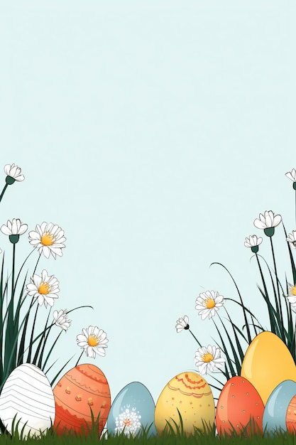 Bannière artistique de ligne de Pâques avec des œufs colorés, de l'herbe et des fleurs avec un espace de copie vide
