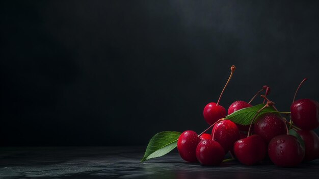 Photo une bannière avec des baies de cerise sur un fond noir fond sombre avec un espace de copie de cerise