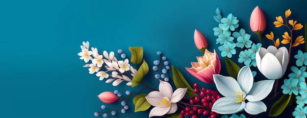 Bannière Belles fleurs de printemps sur fond bleu Fusées printanières ou estivales AI