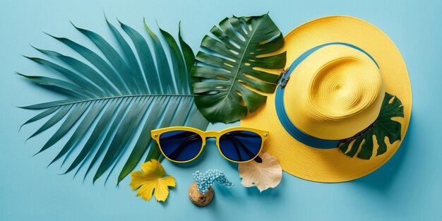 Photo bannière bleue d'été avec chapeau jaune lunettes de soleil coquille de mer et feuille de monstera sur fond bleu vue supérieure