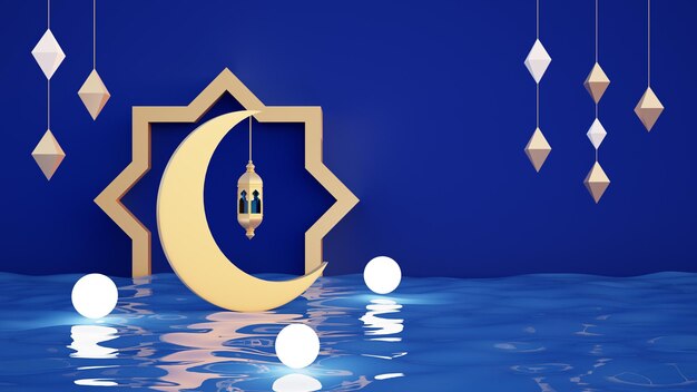 Bannière bleue avec lune et lanterne pour les fêtes musulmanes et le ramadan