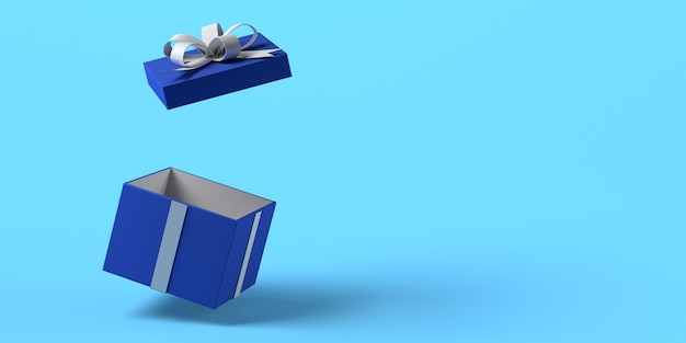 Bannière de boîte présente ouverte bleue. Noël. Cadeau. illustration 3D.