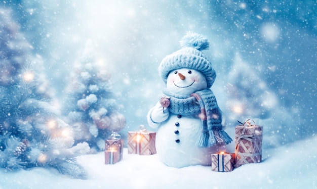 Bannière avec bonhomme de neige blanc gros plan sur fond bleu vue de dessus Joyeux Noël et bonne année hol
