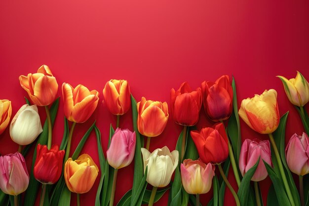 Une bannière bordée de tulipes en fleurs colorées sur un fond rouge