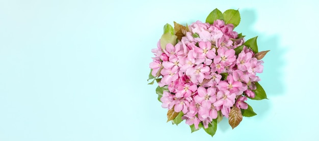 Bannière avec bouquet de pommier rose en fleurs ou de brindilles Sacura sur bleu clair.