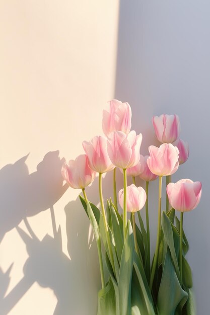 Bannière avec un cadre fait de fleurs de rose et de feuilles vertes sur un fond rose Composition printanière