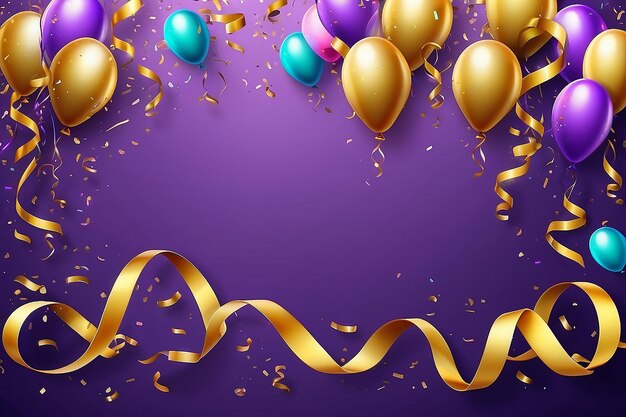 Bannière de célébration Arrière-plan de fête d'anniversaire heureux avec des rubans dorés confetti et des ballons affiche d'année réaliste vectorielle