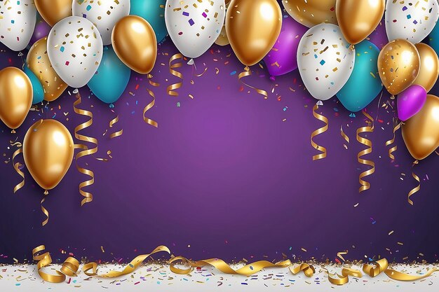 Bannière de célébration Arrière-plan de fête d'anniversaire heureux avec des rubans dorés confetti et des ballons affiche d'année réaliste vectorielle
