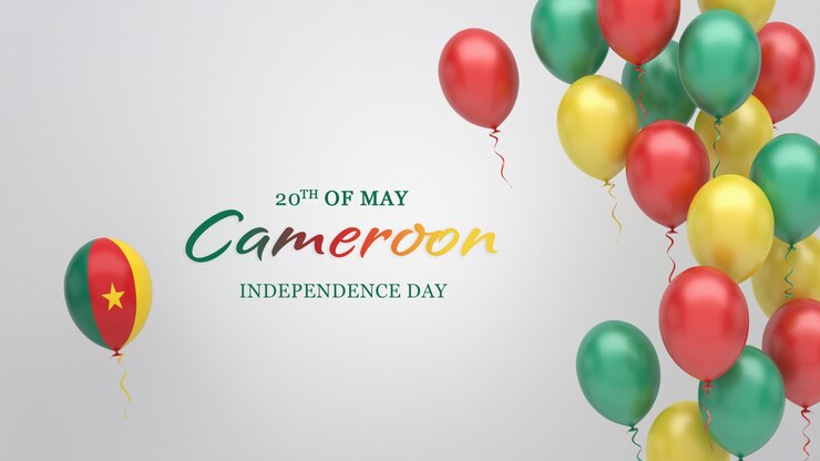 Bannière de célébration avec des ballons aux couleurs du drapeau camerounais.