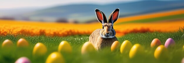 Bannière de célébration de vacances avec un mignon lapin de Pâques avec des œufs décorés et des fleurs de printemps sur un prairie vert de printemps Lapin dans le paysage Bonne carte de vœux de Pâque bannière d'arrière-plan festif Espace de copie