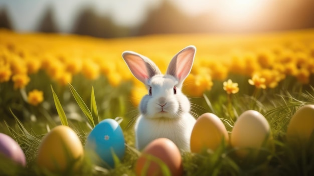 Bannière de célébration de vacances avec un mignon lapin de Pâques avec des œufs décorés et des fleurs de printemps sur un prairie vert de printemps Lapin dans le paysage Bonne carte de vœux de Pâque bannière d'arrière-plan festif Espace de copie