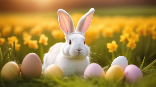 Bannière de célébration de vacances avec un mignon lapin de Pâques avec des œufs décorés et des fleurs de printemps sur un prairie vert de printemps Lapin dans le paysage Bonne carte de vœux de Pâque bannière d'arrière-plan festif Espace de copie