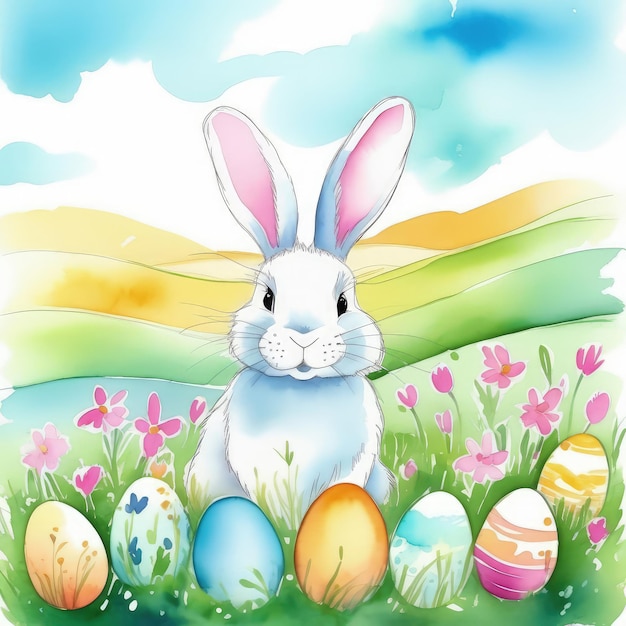 Bannière de célébration de vacances avec un mignon lapin de Pâques avec des œufs décorés et des fleurs de printemps sur un prairie vert de printemps Lapin dans le paysage Bonne carte de vœux de Pâque bannière d'arrière-plan festif Espace de copie