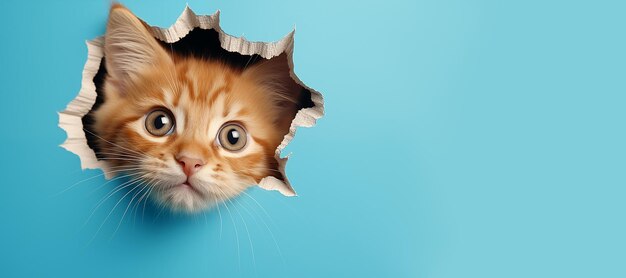 Une bannière Un chat roux moelleux regarde à travers un trou sur un fond bleu Pet espace de copie de papier déchiré