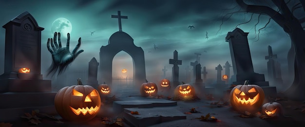 Bannière de citrouilles d'Halloween et cimetière sombre avec des croix sur l'illustration de fond de la pleine lune