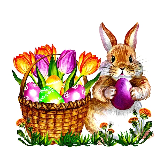 Bannière de composition de Pâques avec panier de lapin et fleurs. Illustration aquarelle.