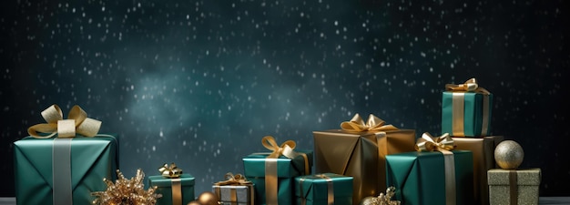 Bannière Concept de Noël Ambiance festive Coffrets cadeaux et autres décorations du Nouvel An IA générative