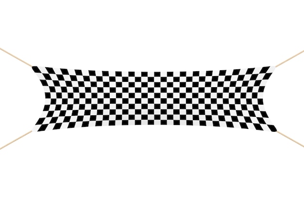 Bannière à damier de finition de course avec des cordes sur un fond blanc. Rendu 3D.