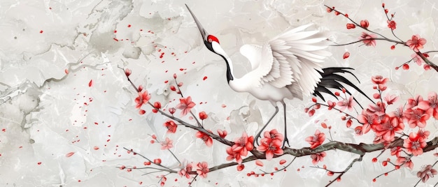 Bannière décorative avec motif d'onde naturelle orientale avec décoration de la mer de l'océan bannière de style vintage avec des oiseaux grues fleur de cerisier fond japonais moderne avec peinture à l'aquarelle