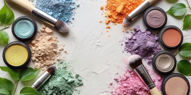 Bannière du maquillage et des cosmétiques minéraux naturels Ombres multicolores Arrière-plan clair