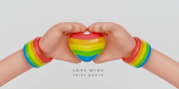 Bannière du mois de la fierté 3d avec les mains de dessin animé 3d et le coeur Les mains 3d tiennent le coeur arc-en-ciel Symbole LGBT du mois de la fierté Illustration de rendu 3d