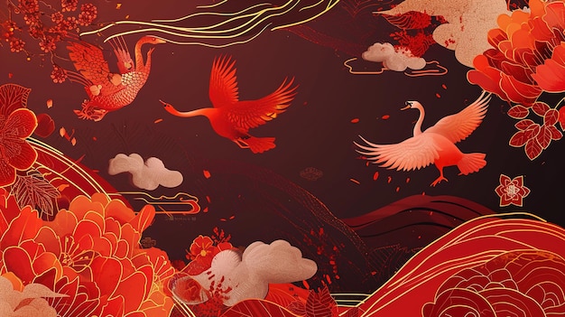 Bannière du Nouvel An chinois avec des cygnes rouges, des lignes dorées et un arrière-plan rouge Arrière-plan du Nouvel An lunaire