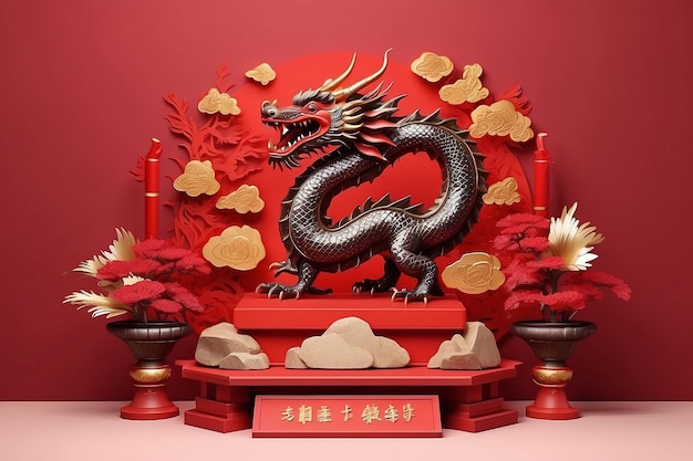 Bannière du Nouvel An chinois pour la démonstration du produit Piédestal rouge ou podium avec dragon