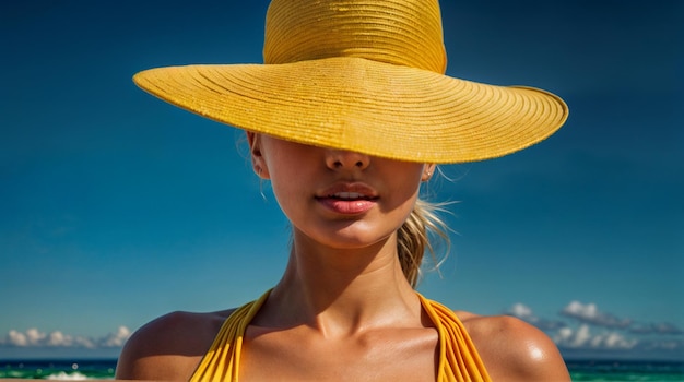 Bannière d'une femme élégante en été avec un chapeau Bronzé et peau naturelle soin de la peau de plage