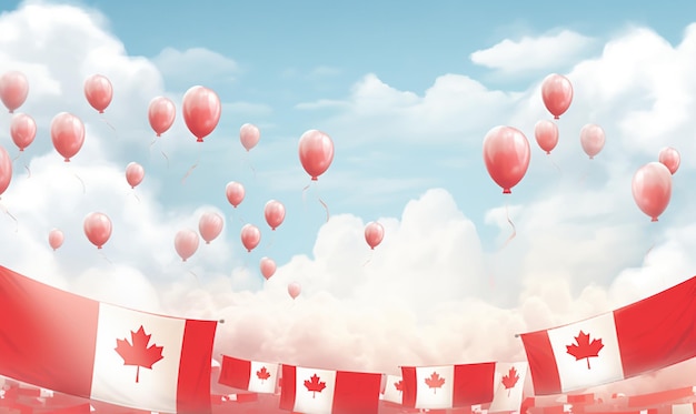 Bannière de la fête du Canada avec fond de drapeau et de ballon avec les toits de la ville Ai généré