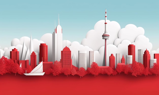 Bannière de la fête du Canada avec fond de drapeau et de ballon avec les toits de la ville Ai généré