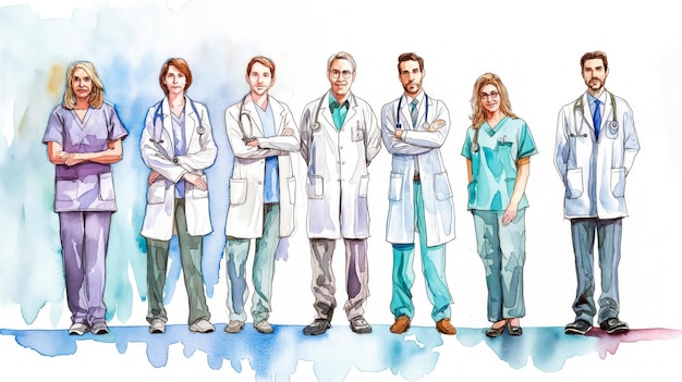 Bannière de la fête du Travail dessin à l'aquarelle des médecins de l'hôpital sur fond blanc