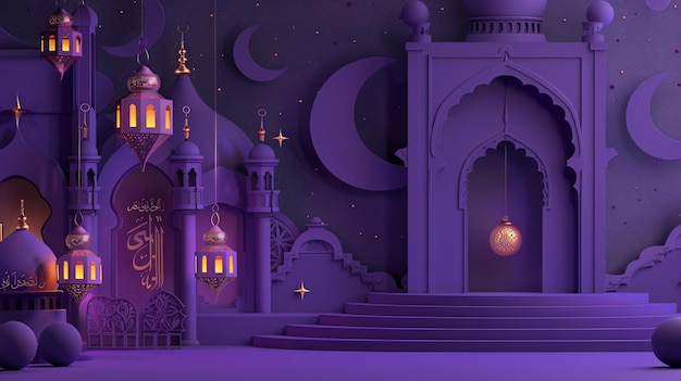 Une bannière de fête musulmane stylée en trois dimensions en couleur pourpre avec un support avec une lampe métallique de Ramadan, une lune croissante et l'entrée de la mosquée.